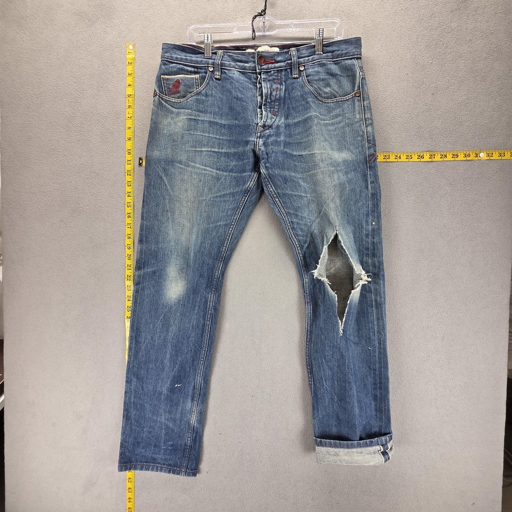 Kangol Jeans Mens 34x34 Blue Selvedge Thrashed Destroyed Whiskers Slim Low Rise